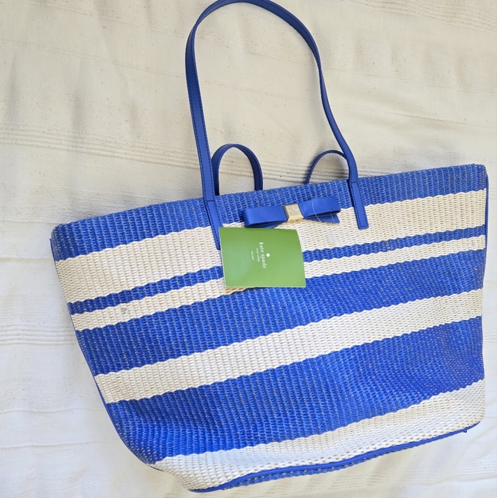 New Kate Spade Wicklow Court Anabette Striped Straw Tote Bag Beige Azure Blue - Picture 6 of 16